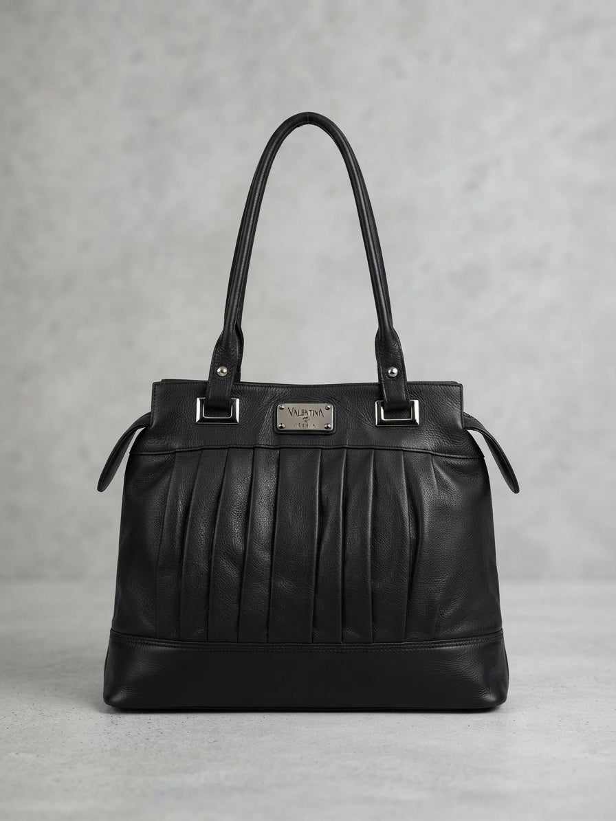 Borsa a Spalla in Vera Pelle Nera con Pieghe – Valentina Italia