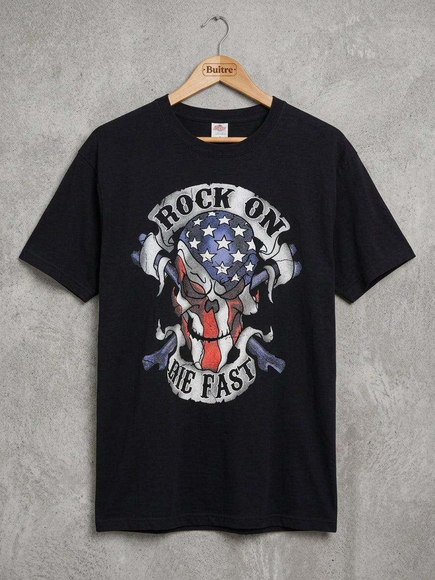 T-Shirt Vintage Biker "Rock On Die Fast"