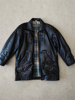 Giacca in Vera Pelle Nera con Interno Tartan a Quadri