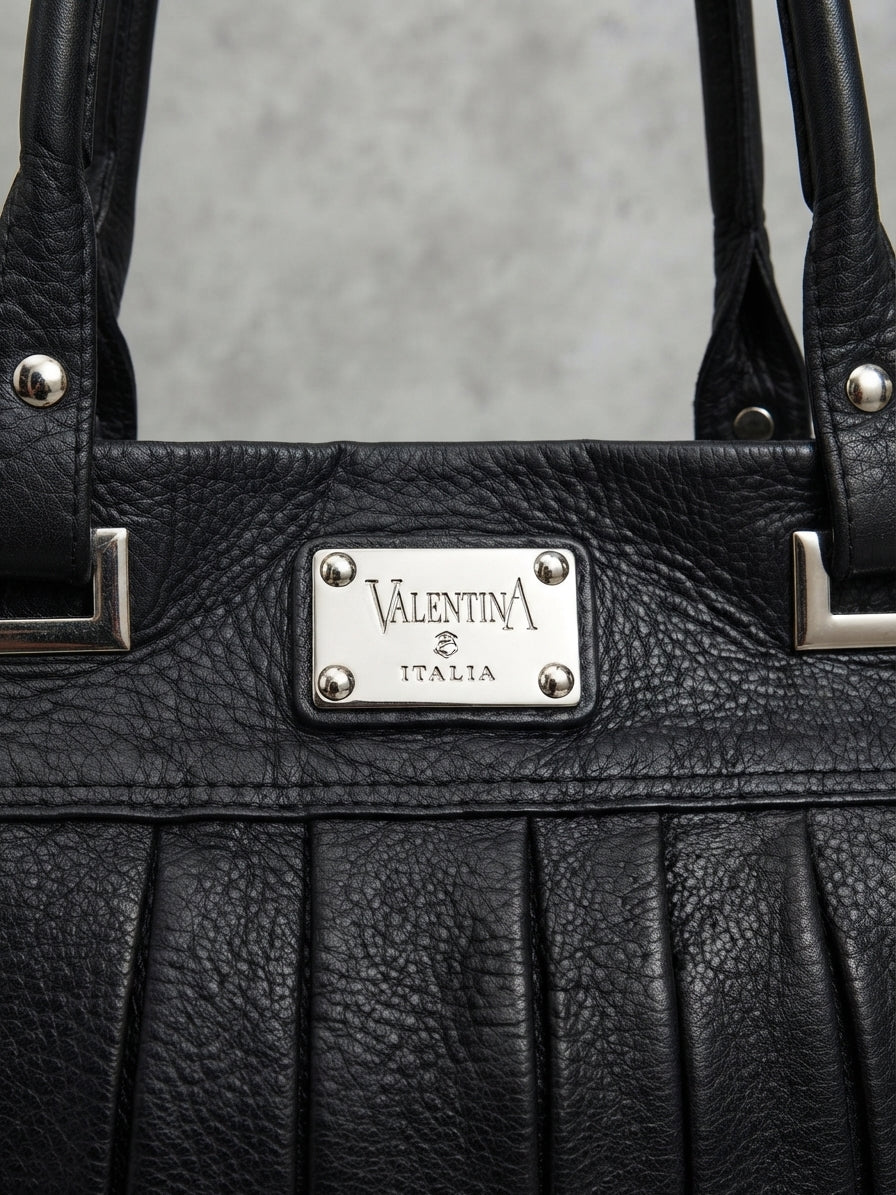 Borsa a Spalla in Vera Pelle Nera con Pieghe – Valentina Italia