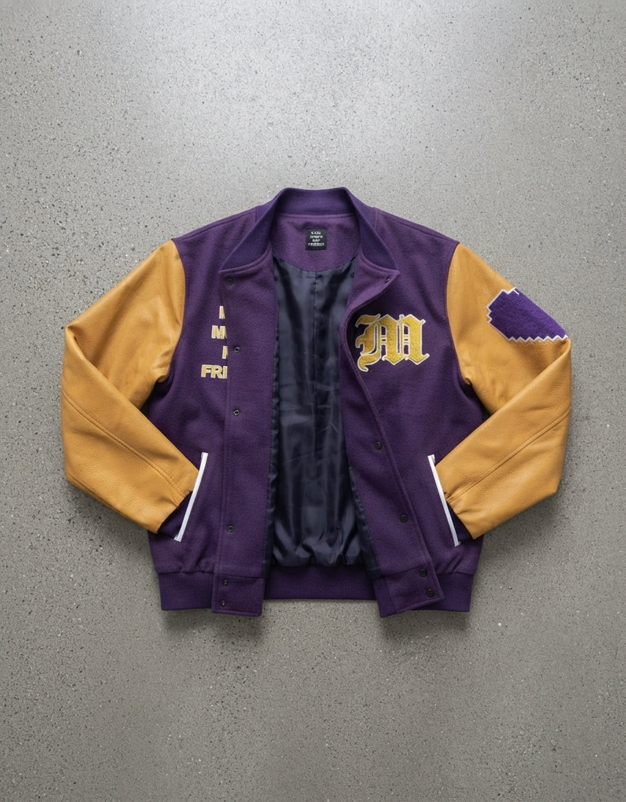 Giacca Varsity / Bomber Stile College Viola e Giallo "Make Money Not Friends"