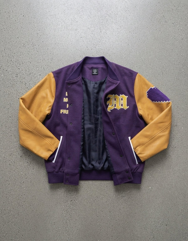 Giacca Varsity / Bomber Stile College Viola e Giallo "Make Money Not Friends"