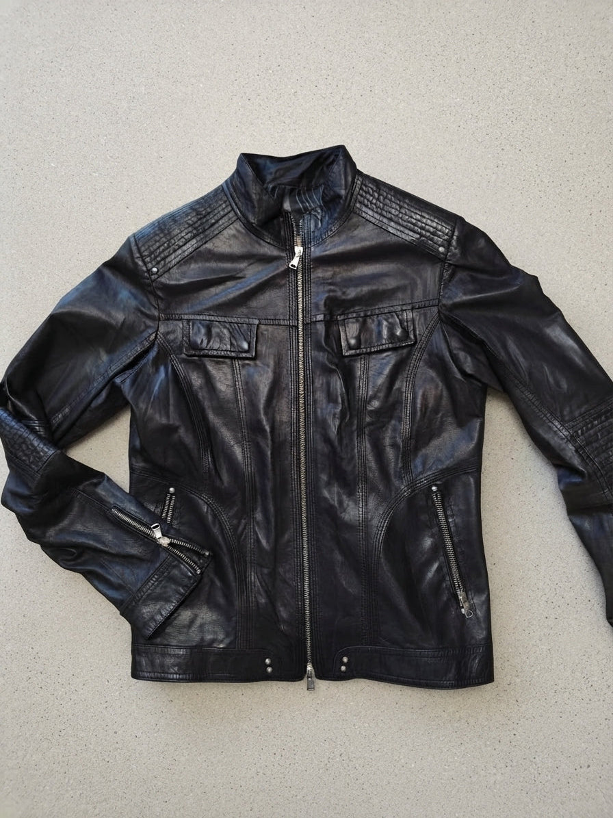 Giubbotto biker in vera pelle nera Made in Italy