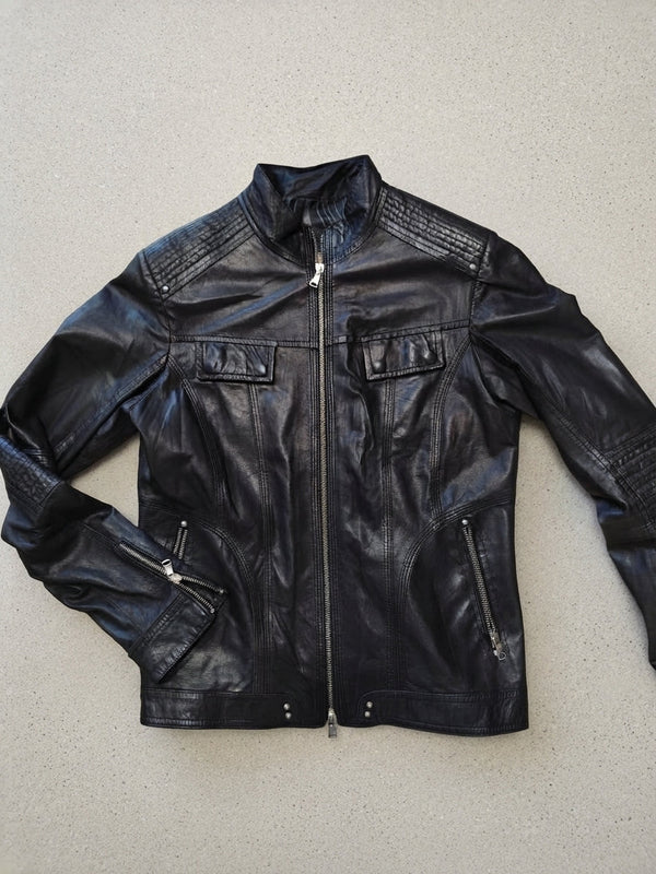 Giubbotto biker in vera pelle nera Made in Italy